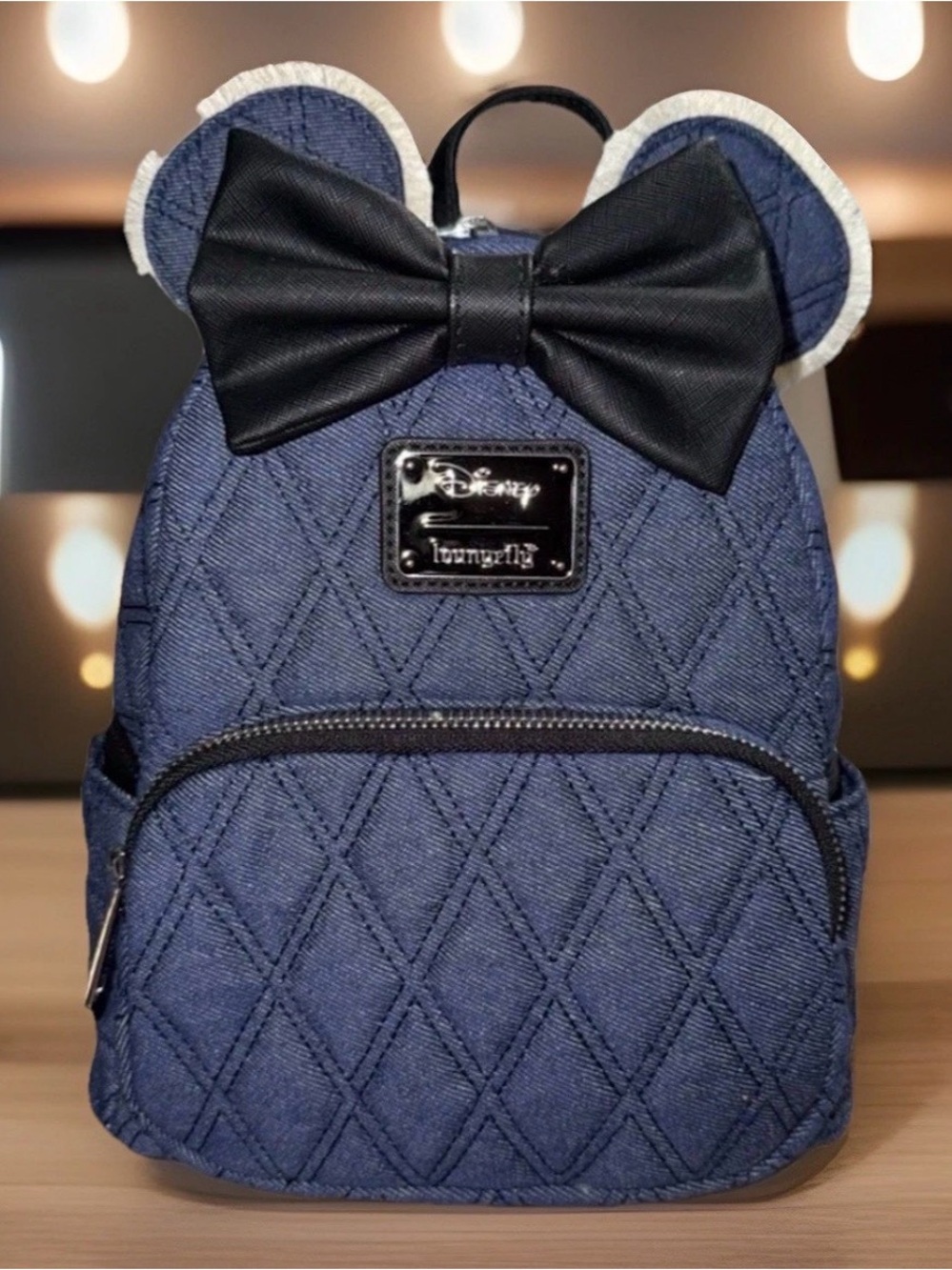 NEW Loungefly Disney Minnie Mouse Quilted Blue Denim Mini Backpack w Ears & Bow - Picture 2 of 6